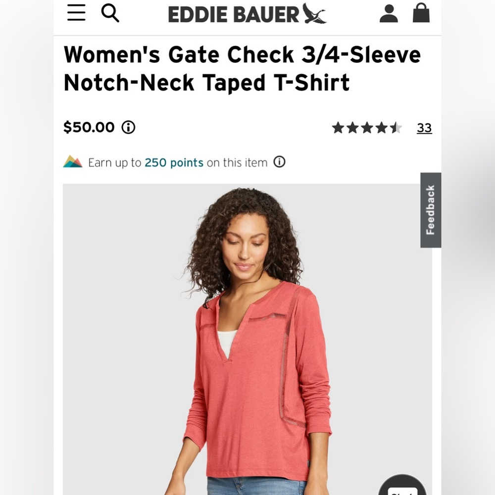 Eddie Bauer Notch Neck 3/4 Sleeve Shirt Black sz S